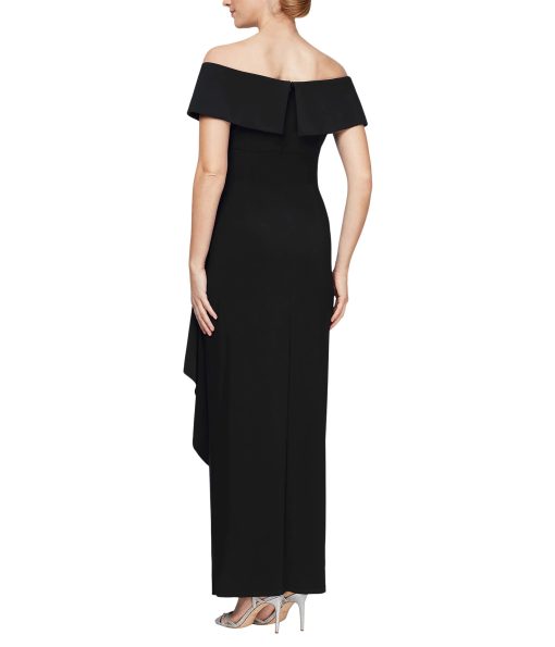 Alex Evenings Long Off-the-Shoulder Dress With Fold-Over Cuff, Embellishment Detail at Hip and Cascade Ruffle Skirt Black
