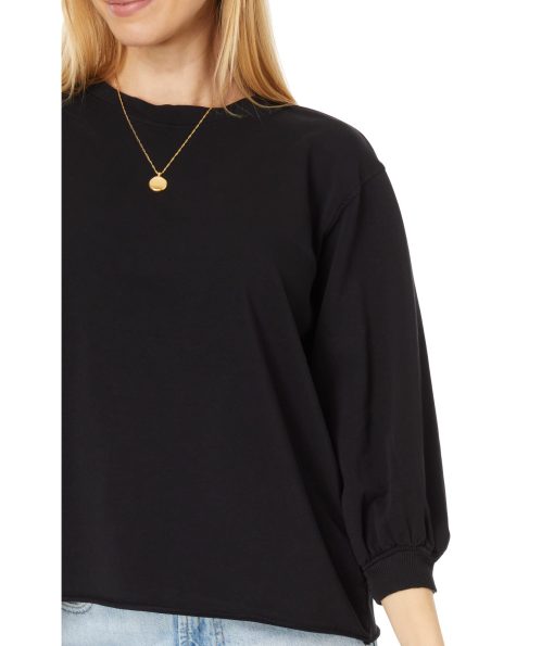 Mod-o-doc Lightweight French Terry 3/4 Puffed Sleeve Crew Neck Top Black