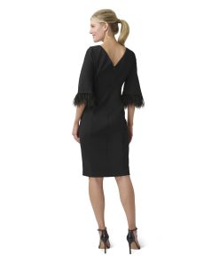 Adrianna Papell 3/4 Sleeve Stretch Crepe Sheath Dress with Feather Trim Black