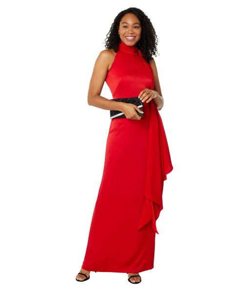Vince Camuto Haltered High Neck Gown with Scarf Red