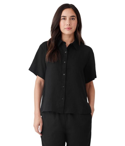 Eileen Fisher Classic Collar Short Sleeve Shirt Black