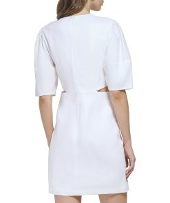 DKNY Short Sleeve Side Cut Linen Midi Dress White