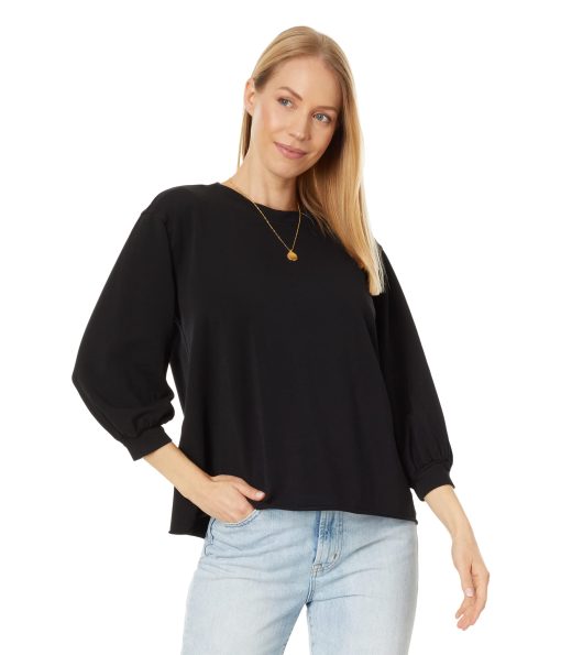 Mod-o-doc Lightweight French Terry 3/4 Puffed Sleeve Crew Neck Top Black