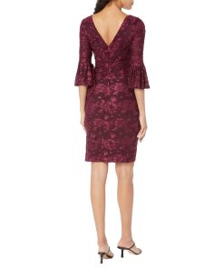 Adrianna Papell Draped Velvet Burnout Sheath with Bell Sleeve Cranberry Apple