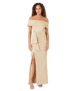 XSCAPE Off-the-Shoulder Long Glitter Metallic Dress with Ruffle Gold/Silver