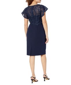 Adrianna Papell Sequin Guipure Lace Popover Top Sheath Dress Navy