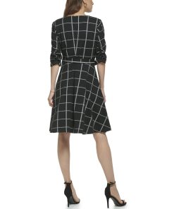 DKNY Front Wrap V-Neck Fit-and-Flare Dress with Elbow Sleeve Black/Cream