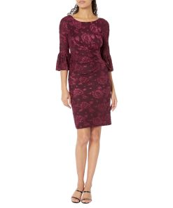 Adrianna Papell Draped Velvet Burnout Sheath with Bell Sleeve Cranberry Apple