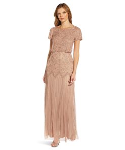 Adrianna Papell Boat Neck Short Sleeve Blouson Beaded Gown Rose Gold