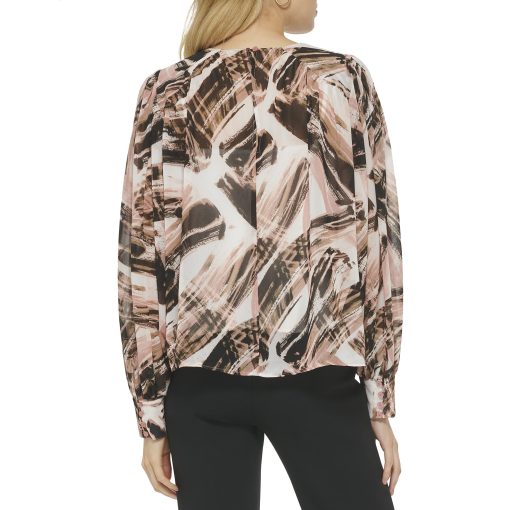 DKNY Long Sleeve Printed Blouse Ivory/Gold Sand Multi