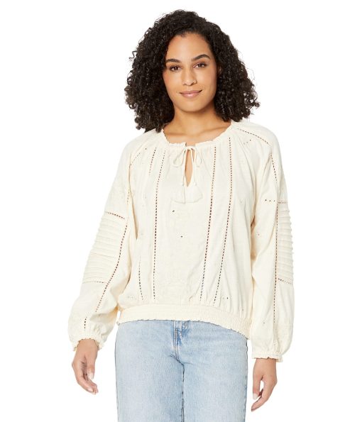 Lucky Brand Embroidered Peasant Top Whitecap Gray
