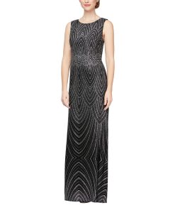 Alex Evenings Long Sleeveless Dress with Patterned Glitter Detail Black/Silver