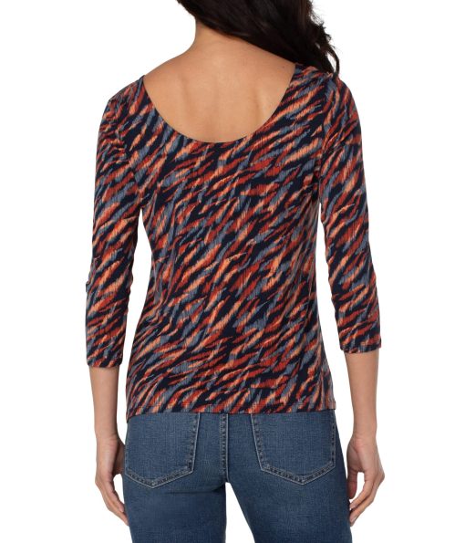 Liverpool Scoopback 3/4 Sleeve Knit Top Abstract Bias Tiger Print