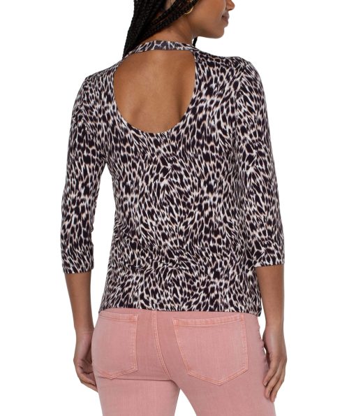 Liverpool Elbow Sleeve Scoopback Mock Neck Knit Top Painterly Animal Print